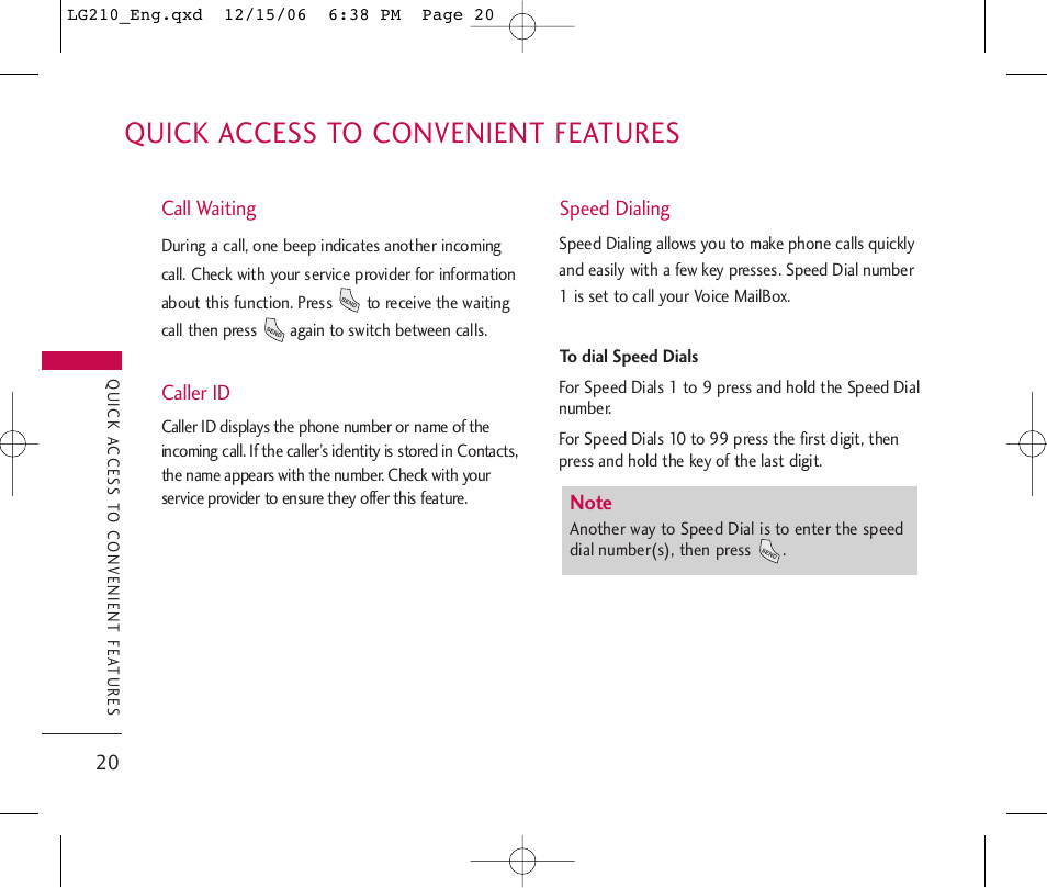 Quick access to convenient features | LG 210 User Manual | Page 22 / 98