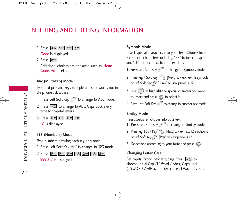 Entering and editing information | LG 210 User Manual | Page 24 / 98