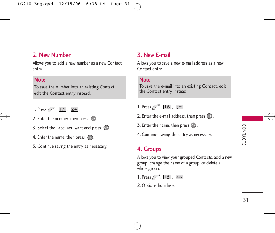 New number, New e-mail, Groups | LG 210 User Manual | Page 33 / 98