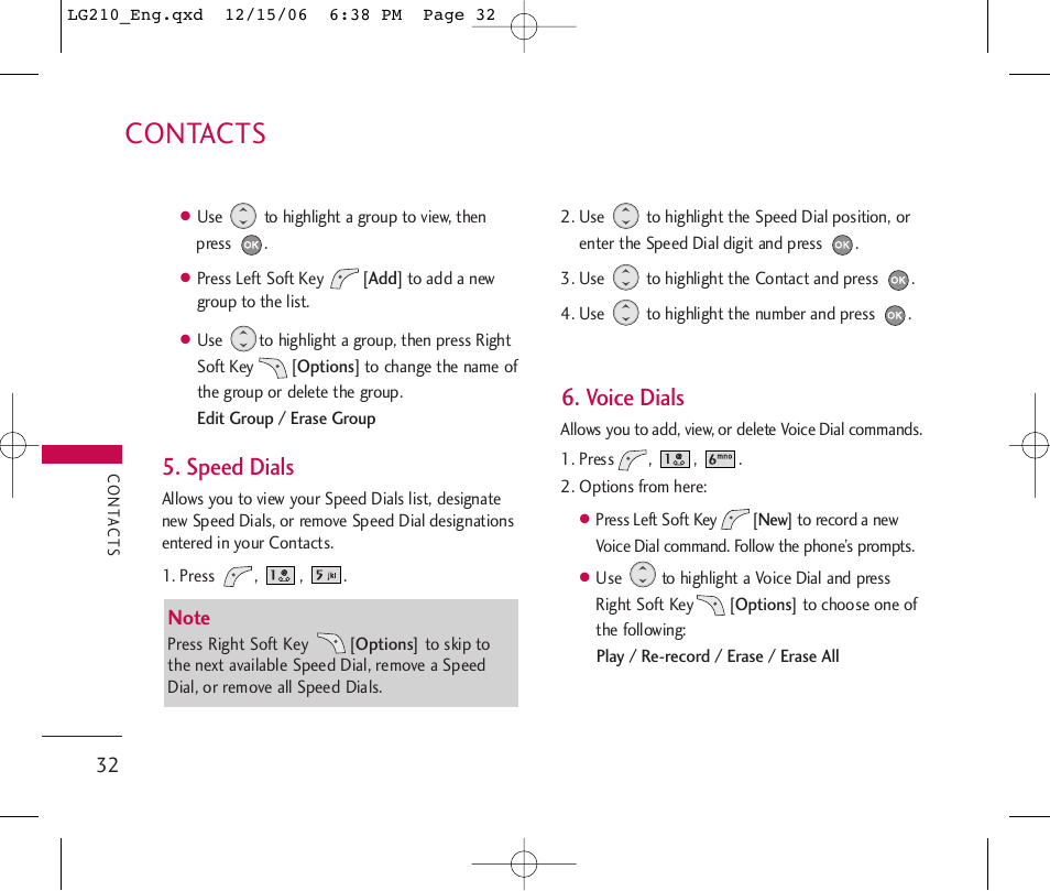 Contacts, Speed dials, Voice dials | LG 210 User Manual | Page 34 / 98