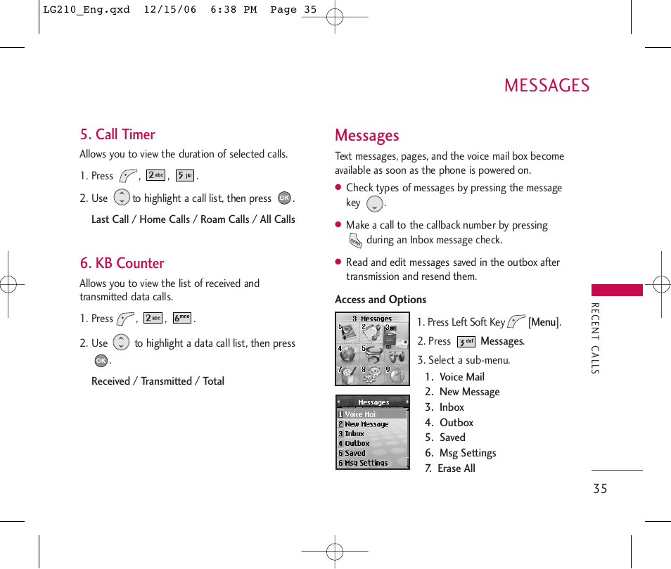 Messages, Call timer, Kb counter | LG 210 User Manual | Page 37 / 98