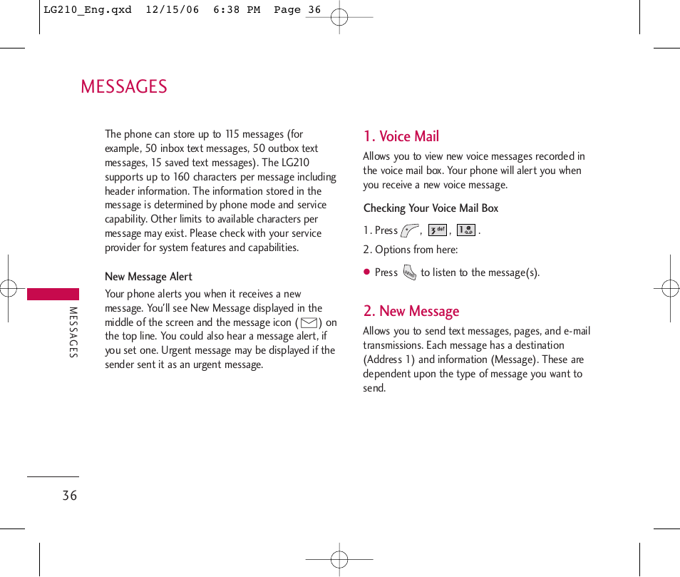 Messages, Voice mail, New message | LG 210 User Manual | Page 38 / 98