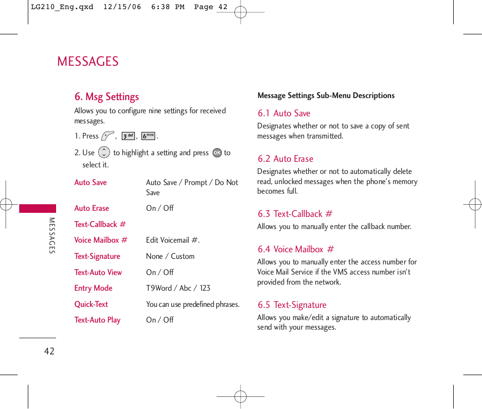 Messages, Msg settings | LG 210 User Manual | Page 44 / 98