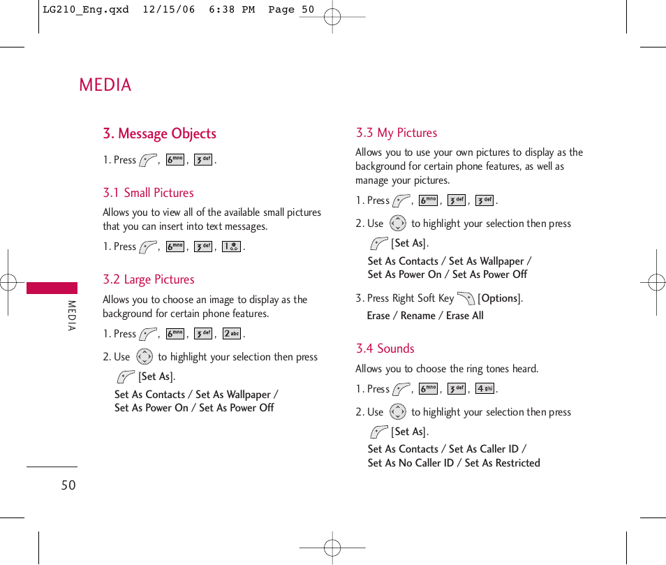 Media, Message objects | LG 210 User Manual | Page 52 / 98