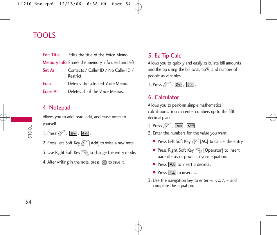 Tools, Ez tip calc, Calculator | LG 210 User Manual | Page 56 / 98