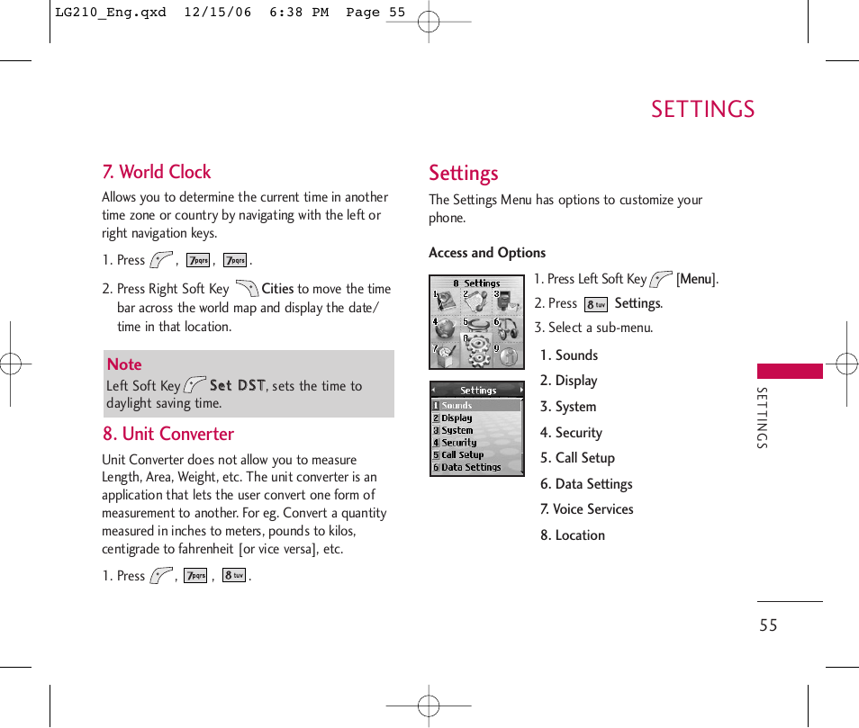 Settings, World clock, Unit converter | LG 210 User Manual | Page 57 / 98