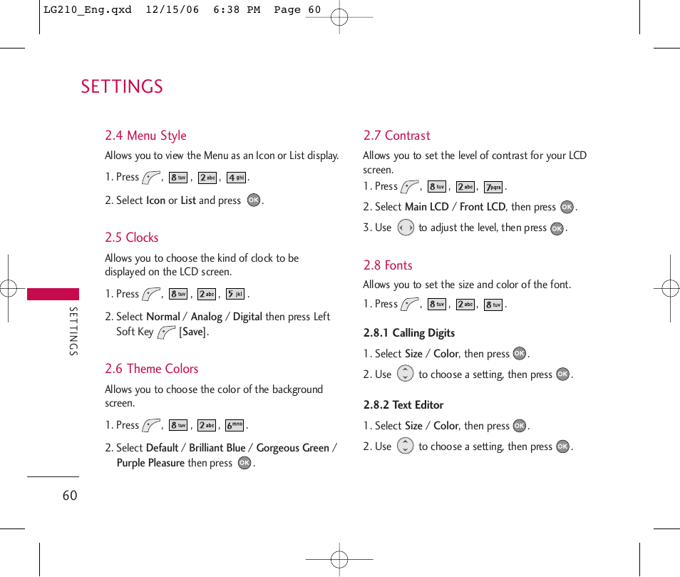 Settings | LG 210 User Manual | Page 62 / 98