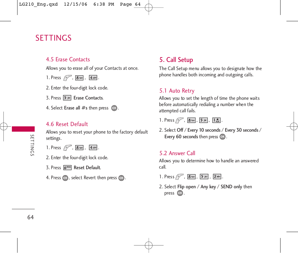 Settings, Call setup | LG 210 User Manual | Page 66 / 98