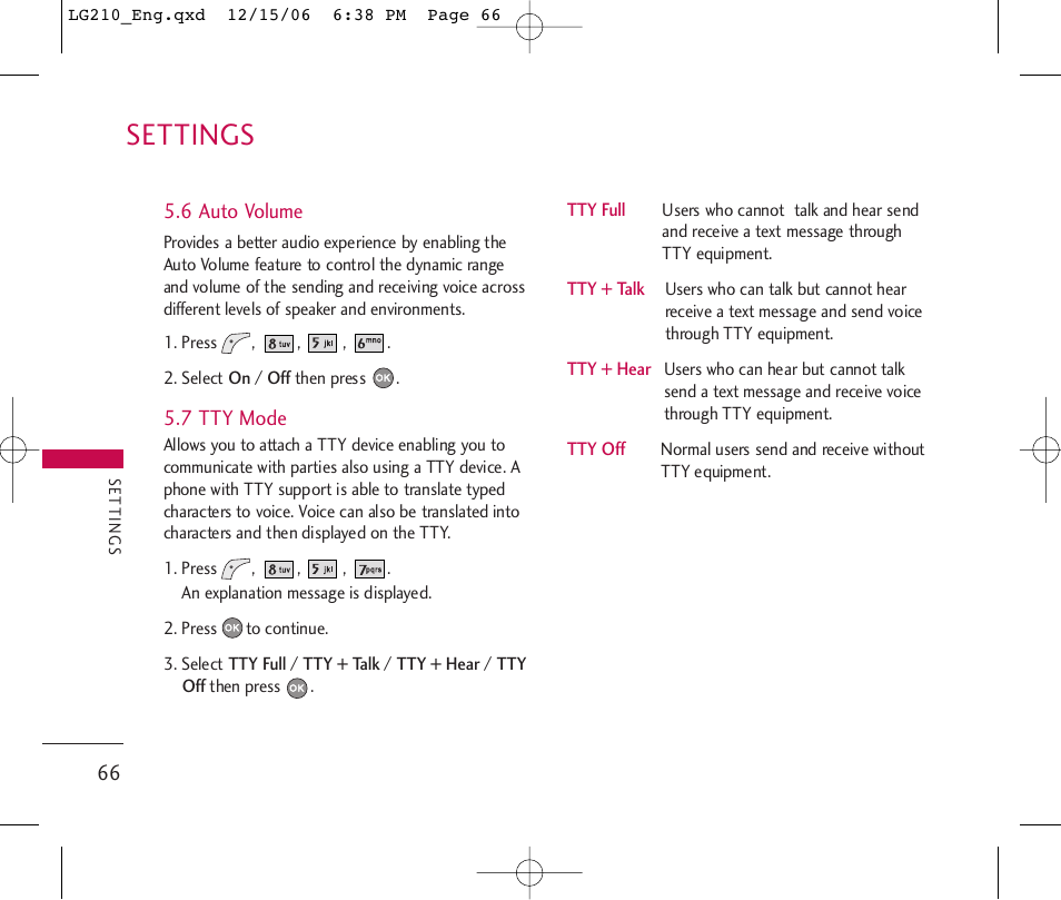 Settings | LG 210 User Manual | Page 68 / 98