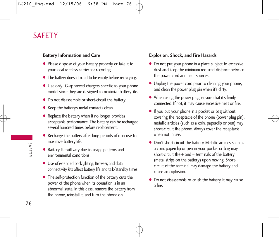 Safety | LG 210 User Manual | Page 78 / 98