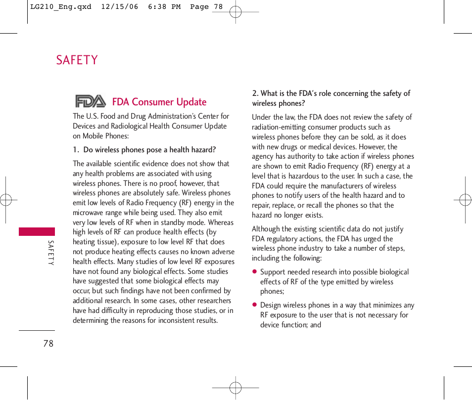 Safety, Fda consumer update | LG 210 User Manual | Page 80 / 98
