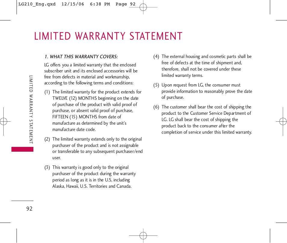 Limited warranty statement | LG 210 User Manual | Page 94 / 98
