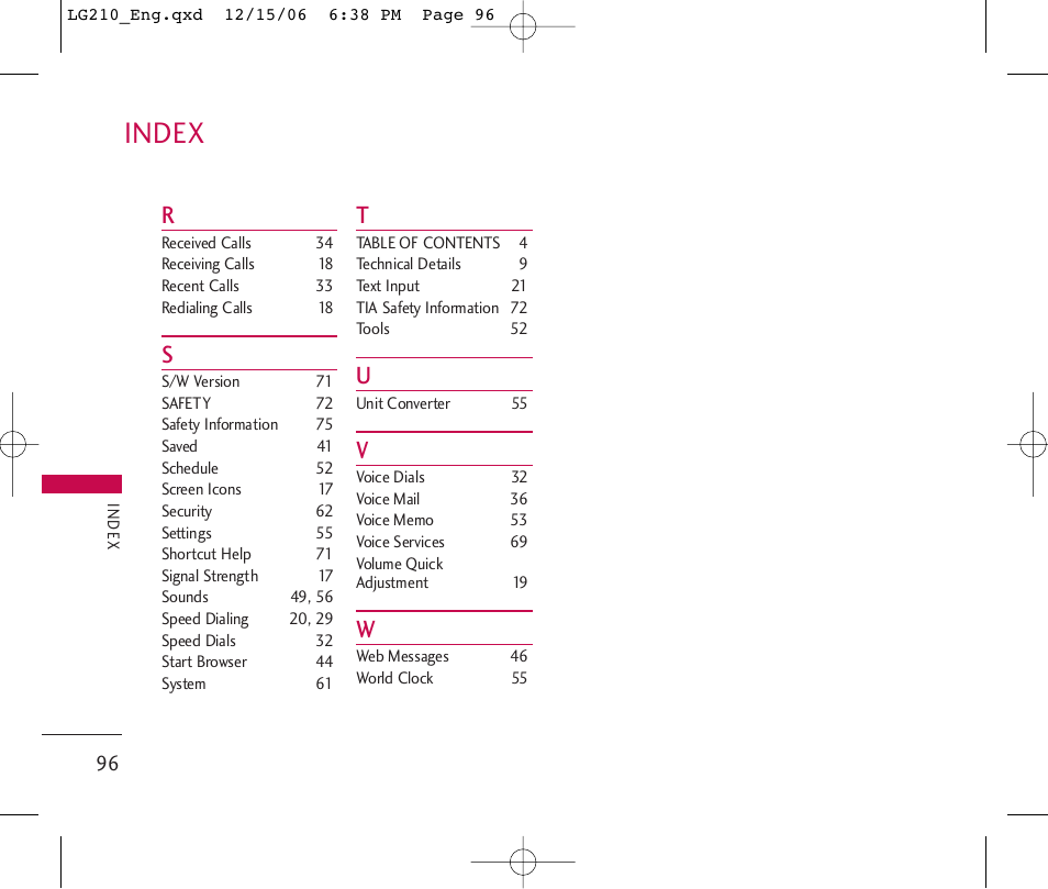 Index | LG 210 User Manual | Page 98 / 98