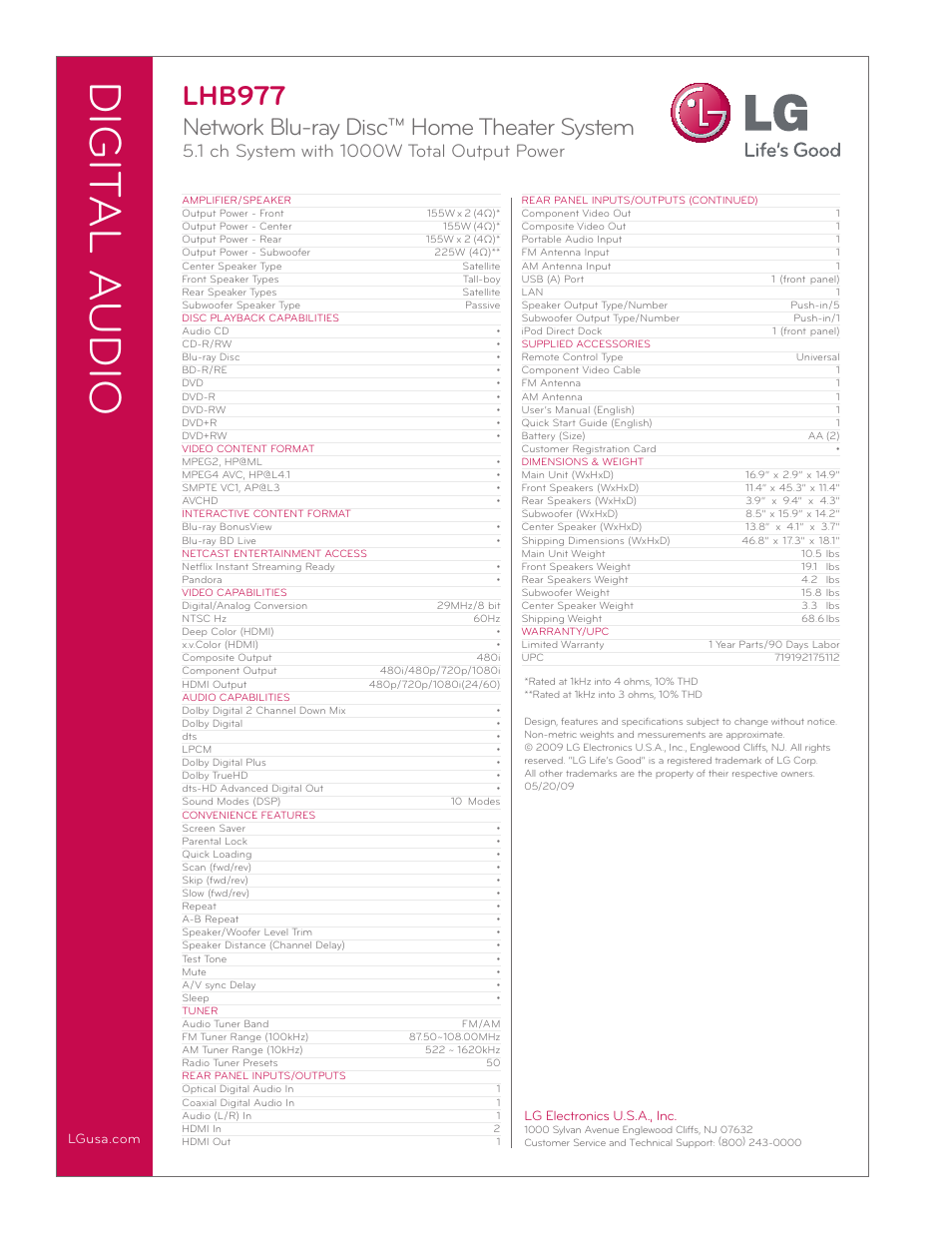 Digit al a udio, Lhb977, Network blu-ray disc™ home theater system | Lg electronics u.s.a., inc | LG LHB977 User Manual | Page 2 / 2