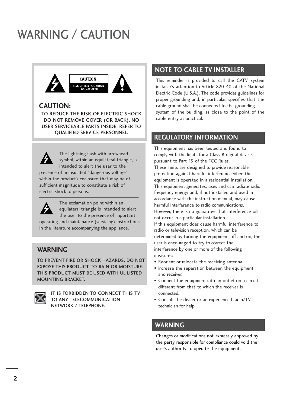 Warning / caution, Regulatory information, Caution | Warning | LG 20LH1DC1 User Manual | Page 2 / 76