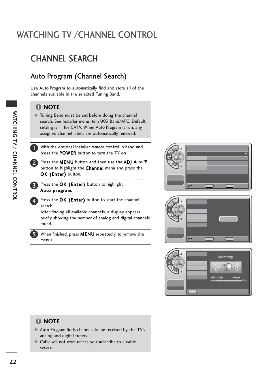 Channel search, Auto program (channel search), Watching tv /channel control | Wa tching tv / channel contr o l | LG 20LH1DC1 User Manual | Page 22 / 76