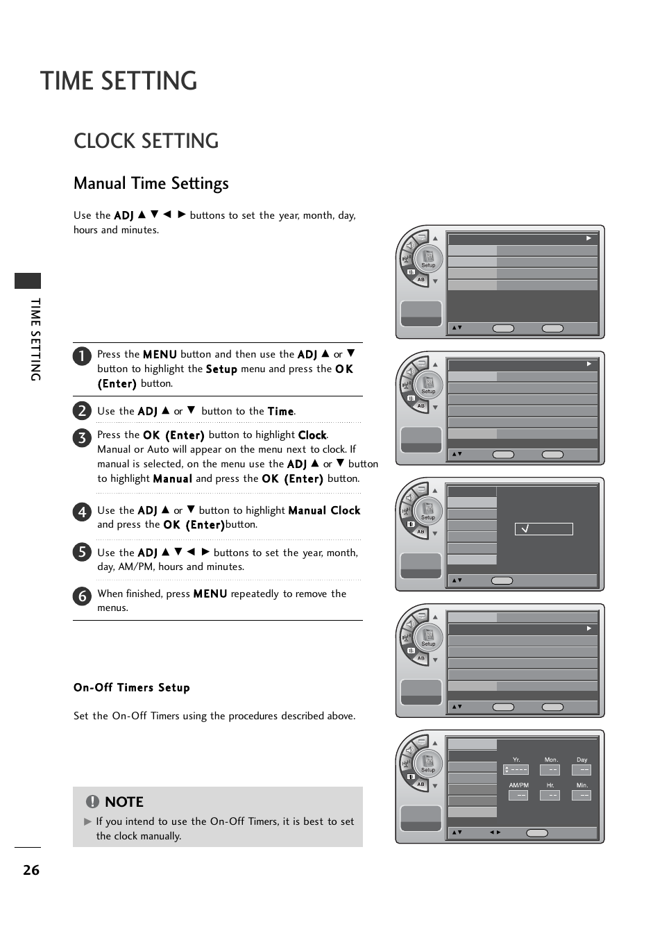 Time setting, Clock setting, Manual time settings | LG 20LH1DC1 User Manual | Page 26 / 76