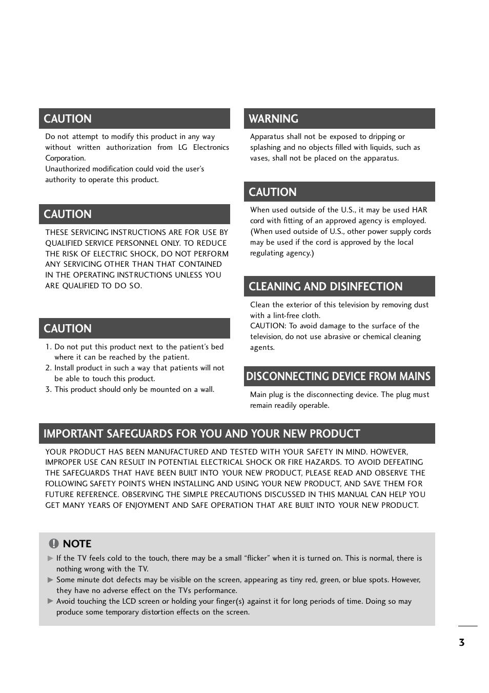 Caution, Warning, Important safeguards for you and your new product | Cleaning and disinfection, Disconnecting device from mains | LG 20LH1DC1 User Manual | Page 3 / 76