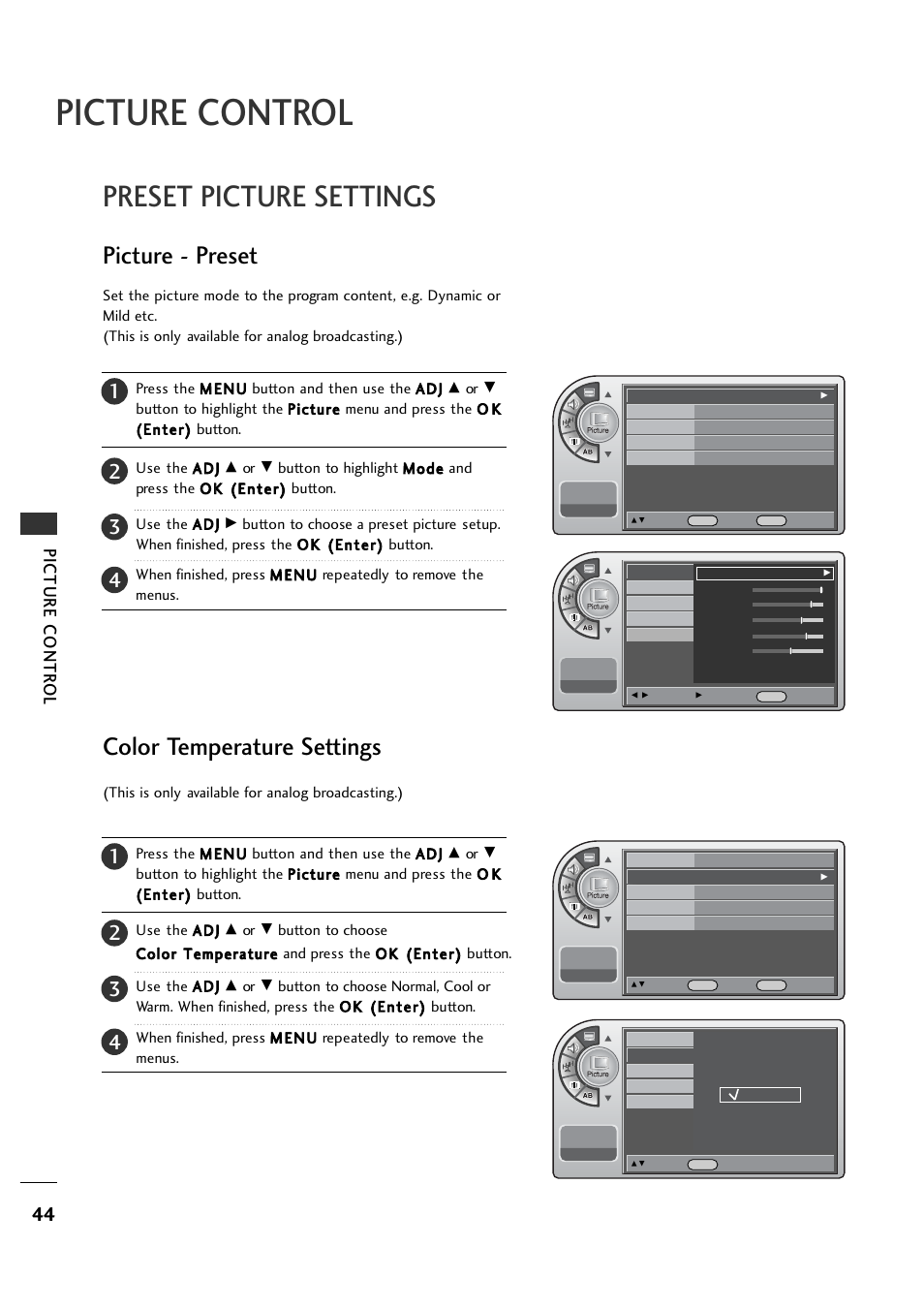 Picture control, Preset picture settings, Picture - preset | Color temperature settings, Picture contr o l | LG 20LH1DC1 User Manual | Page 44 / 76