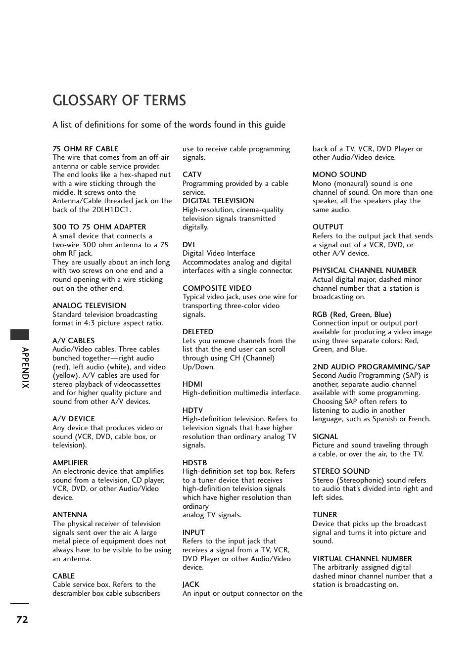Glossary of terms | LG 20LH1DC1 User Manual | Page 72 / 76