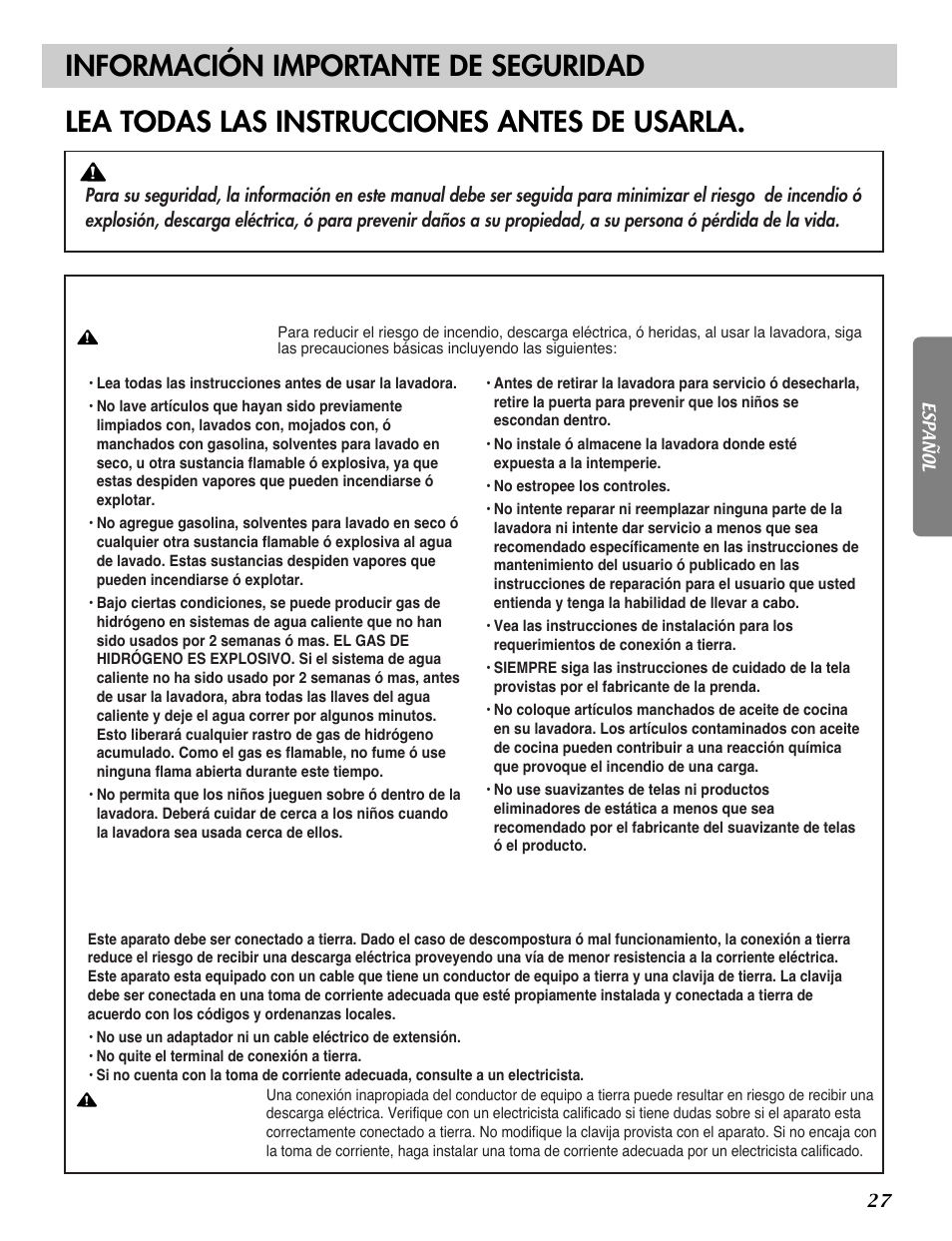 Advertencia, Información importante de seguridad, Guarde estas instrucciones | Instrucciones de conecciona tierra | LG WM2487H*M User Manual | Page 28 / 48