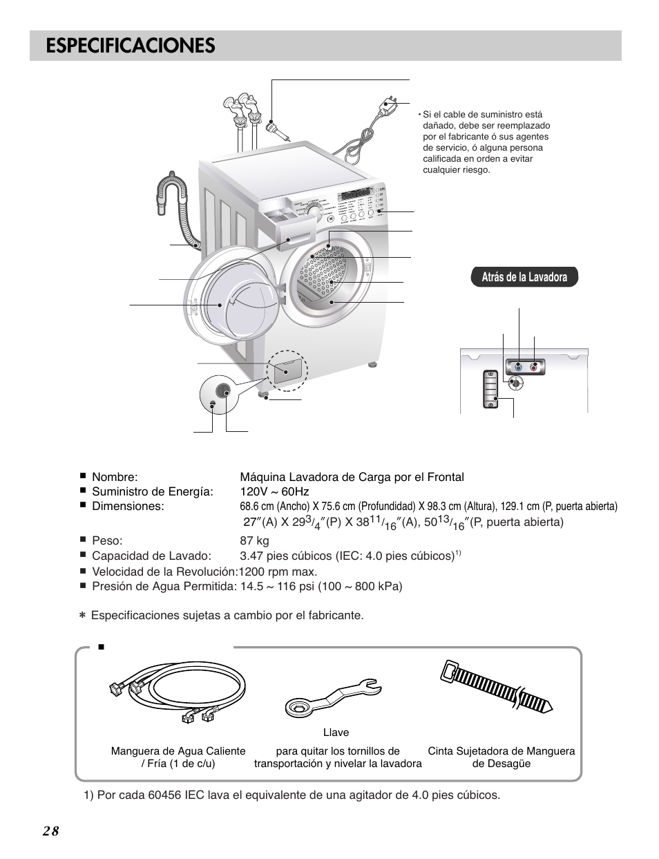 Especificaciones, Accesorios | LG WM2487H*M User Manual | Page 29 / 48