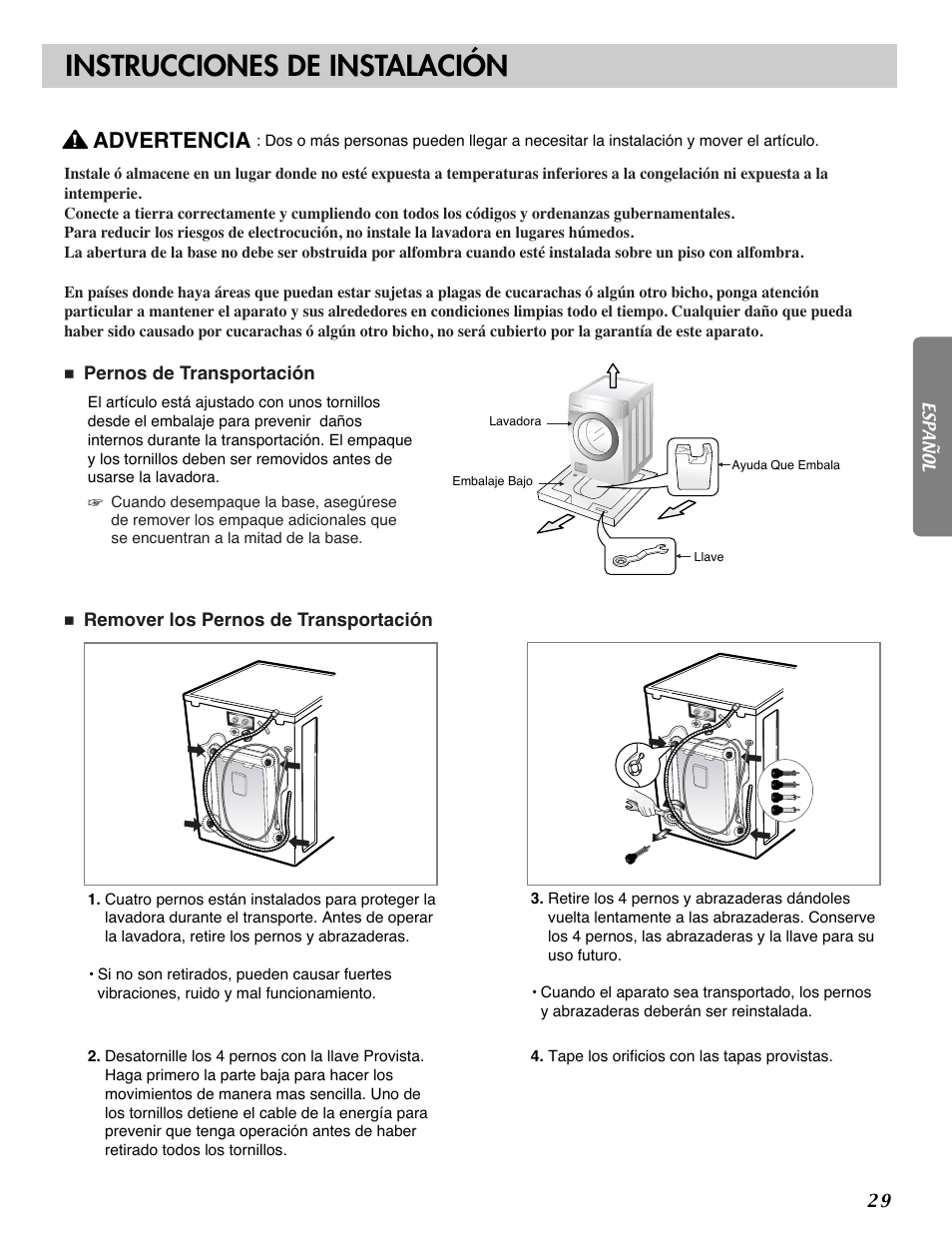 Instrucciones de instalación, Advertencia | LG WM2487H*M User Manual | Page 30 / 48