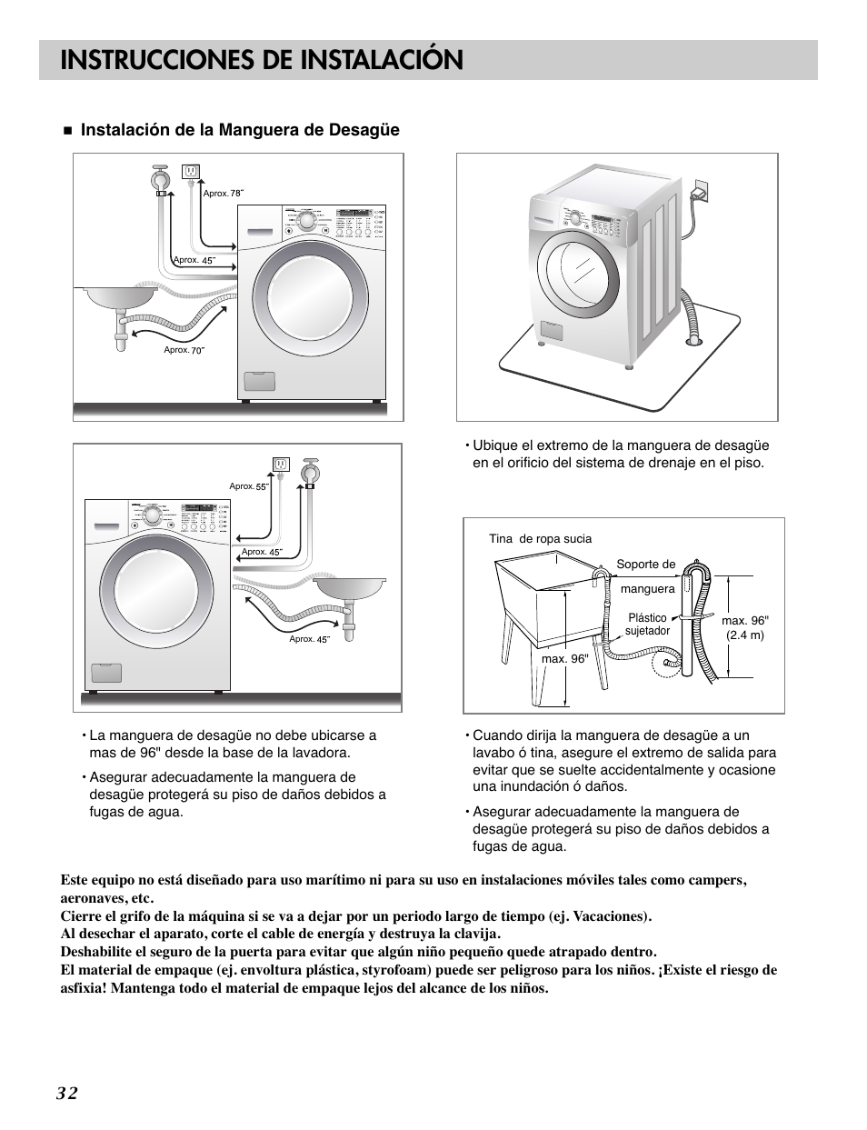 Instrucciones de instalación, Instalación de la manguera de desagüe | LG WM2487H*M User Manual | Page 33 / 48