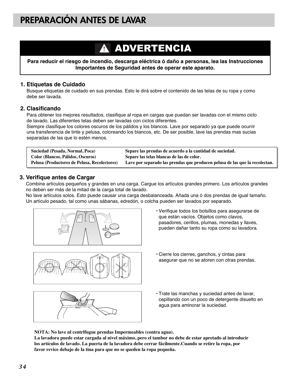 Advertencia, Preparación antes de lavar | LG WM2487H*M User Manual | Page 35 / 48
