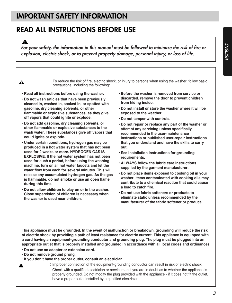 Important safety information, Read all instructions before use, Warning | Important safety instructions, Save these instructions, Grounding instructions | LG WM2487H*M User Manual | Page 4 / 48