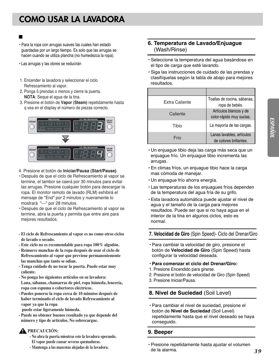 Como usar la lavadora | LG WM2487H*M User Manual | Page 40 / 48