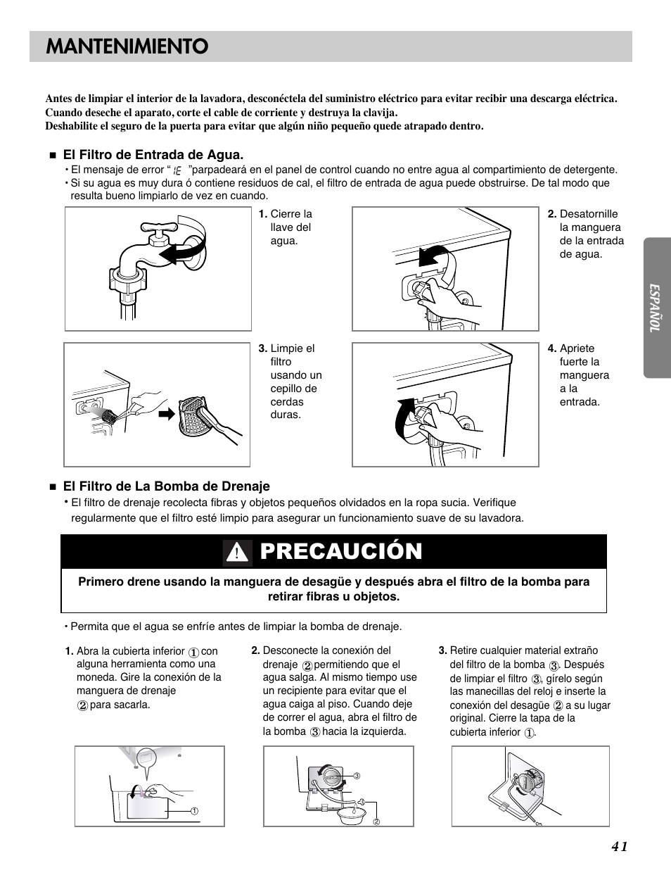 Precaución, Mantenimiento | LG WM2487H*M User Manual | Page 42 / 48
