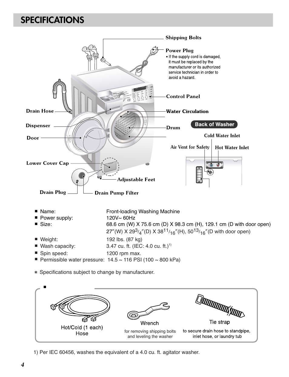 Specifications, Accessories | LG WM2487H*M User Manual | Page 5 / 48