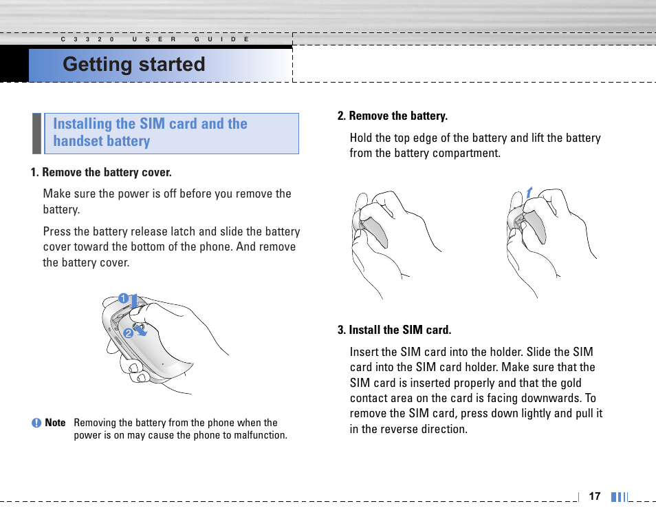 Getting started, Installing the sim card and the handset battery | LG C3320 User Manual | Page 18 / 76