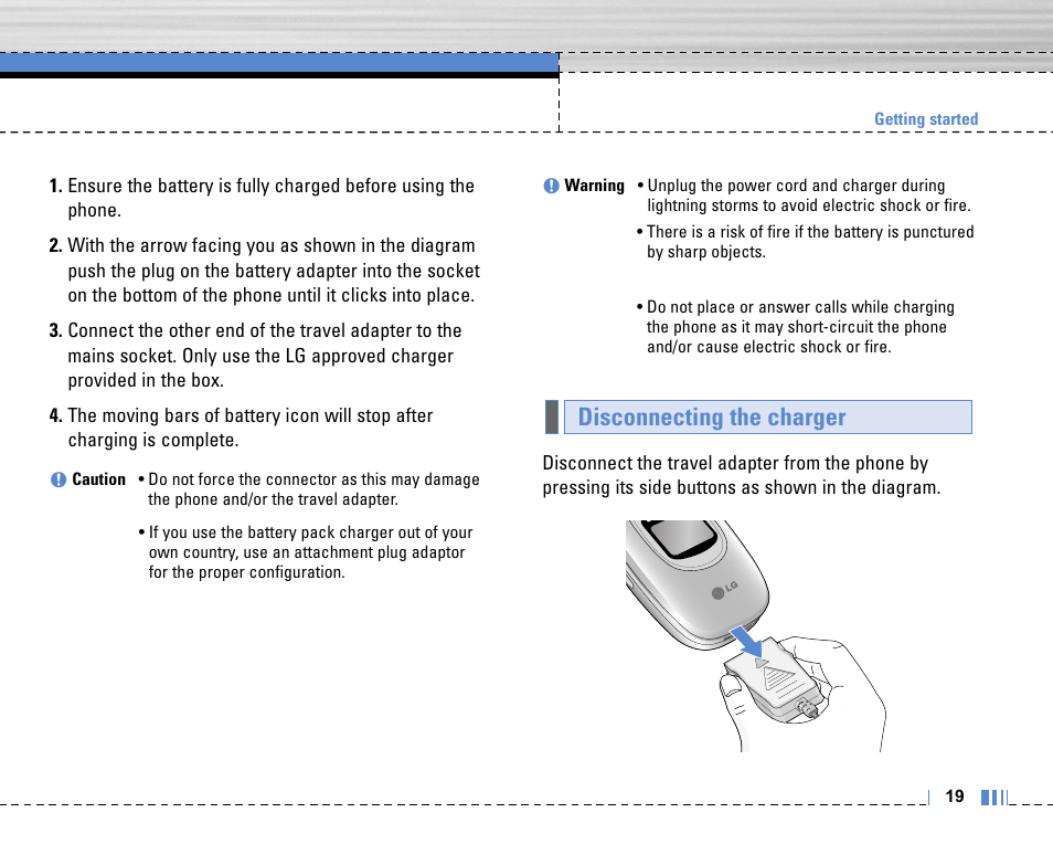 Disconnecting the charger | LG C3320 User Manual | Page 20 / 76