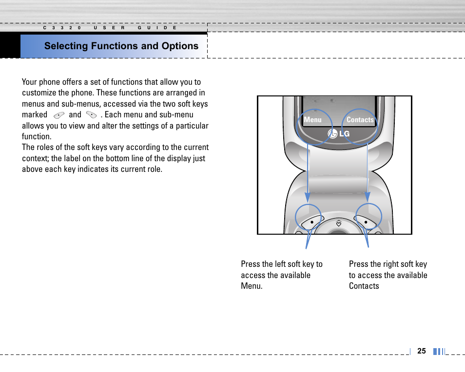 Selecting functions and options, Menu contacts | LG C3320 User Manual | Page 26 / 76