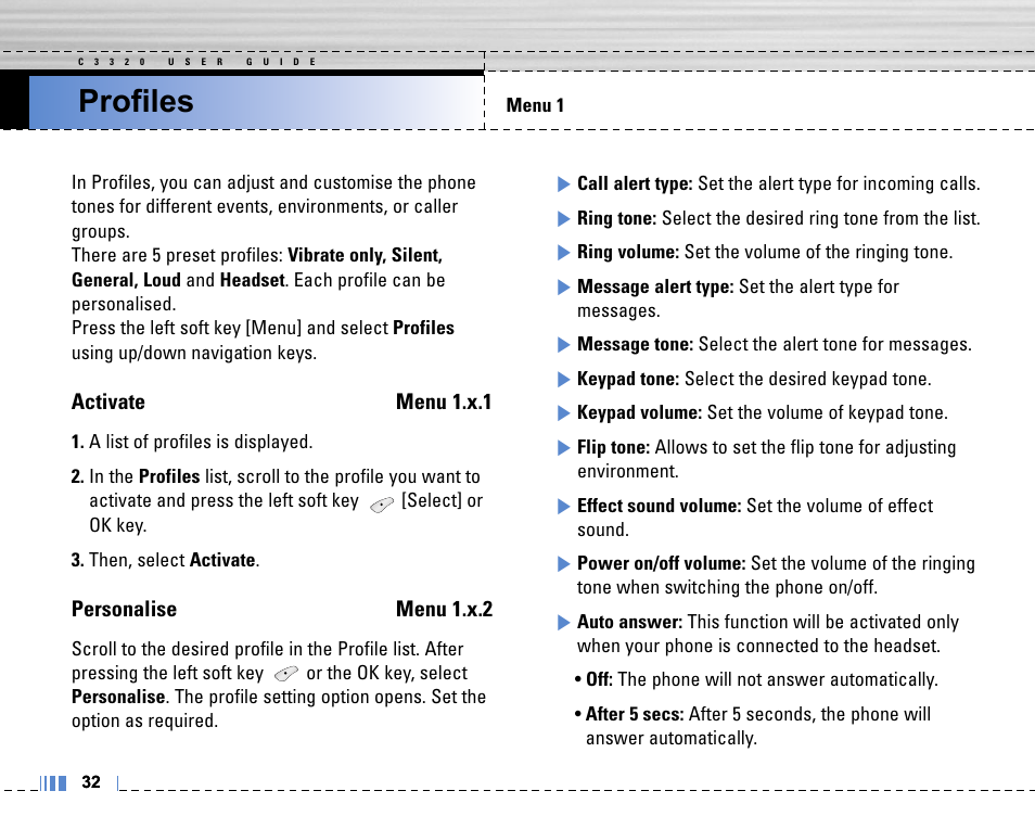 Profiles, Activate menu 1.x.1, Personalise menu 1.x.2 | LG C3320 User Manual | Page 33 / 76