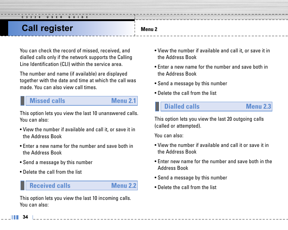 Call register | LG C3320 User Manual | Page 35 / 76