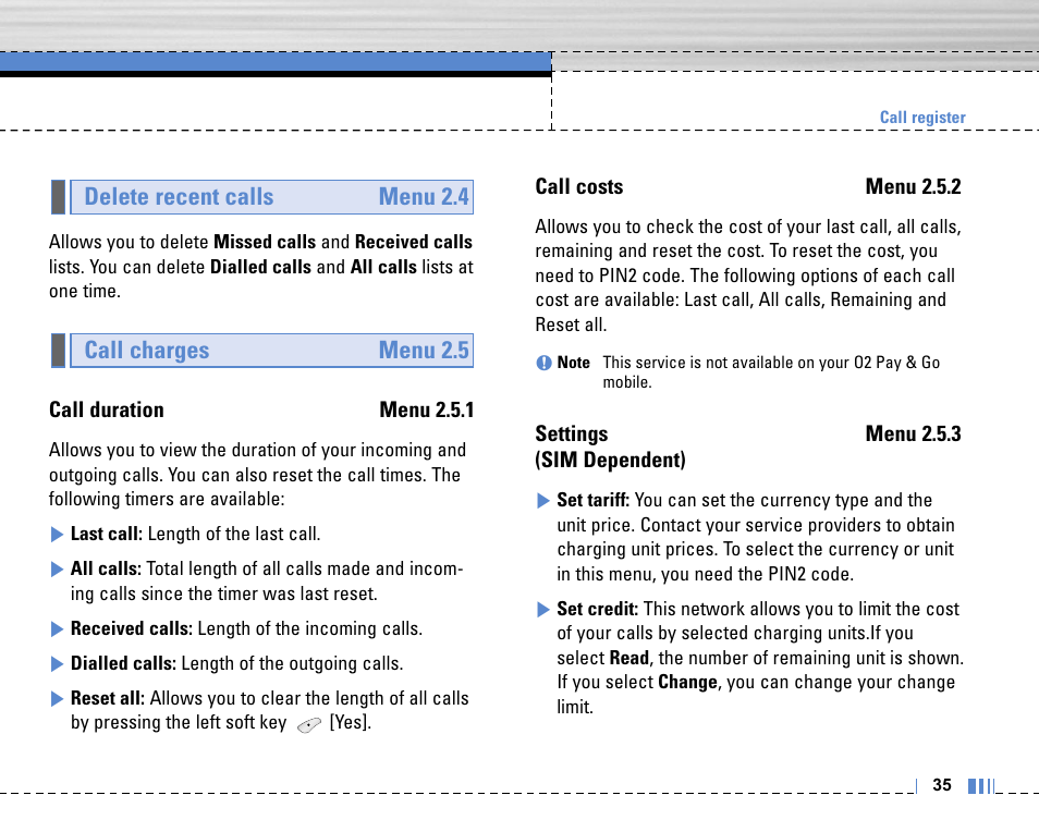 Call charges menu 2.5 delete recent calls menu 2.4 | LG C3320 User Manual | Page 36 / 76