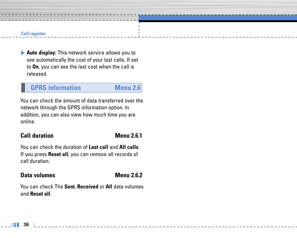 Gprs information menu 2.6 | LG C3320 User Manual | Page 37 / 76