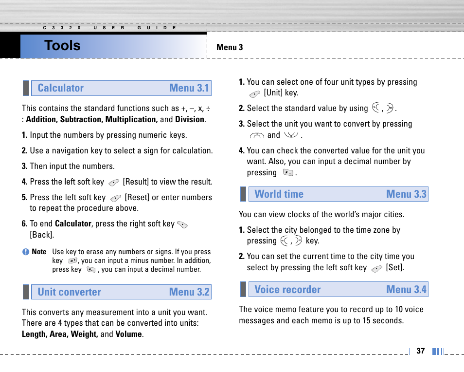 Tools | LG C3320 User Manual | Page 38 / 76