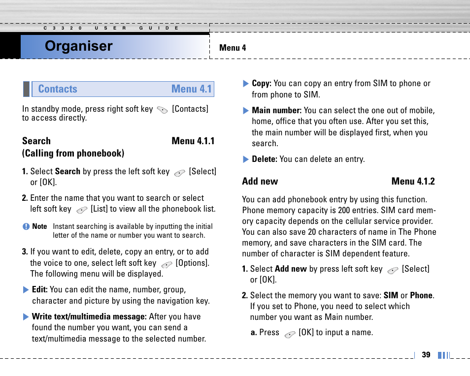 Organiser, Contacts menu 4.1, Search menu 4.1.1 (calling from phonebook) | Add new menu 4.1.2 | LG C3320 User Manual | Page 40 / 76