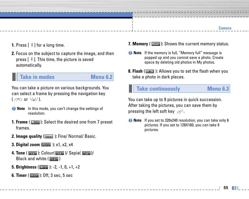 Take continuously menu 6.3 take in modes menu 6.2 | LG C3320 User Manual | Page 56 / 76