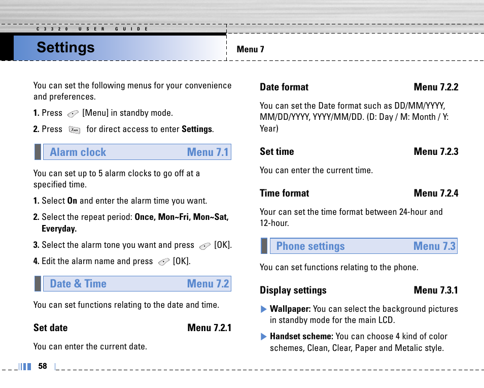 Settings, Set date menu 7.2.1, Date format menu 7.2.2 | Set time menu 7.2.3, Time format menu 7.2.4, Display settings menu 7.3.1 | LG C3320 User Manual | Page 59 / 76