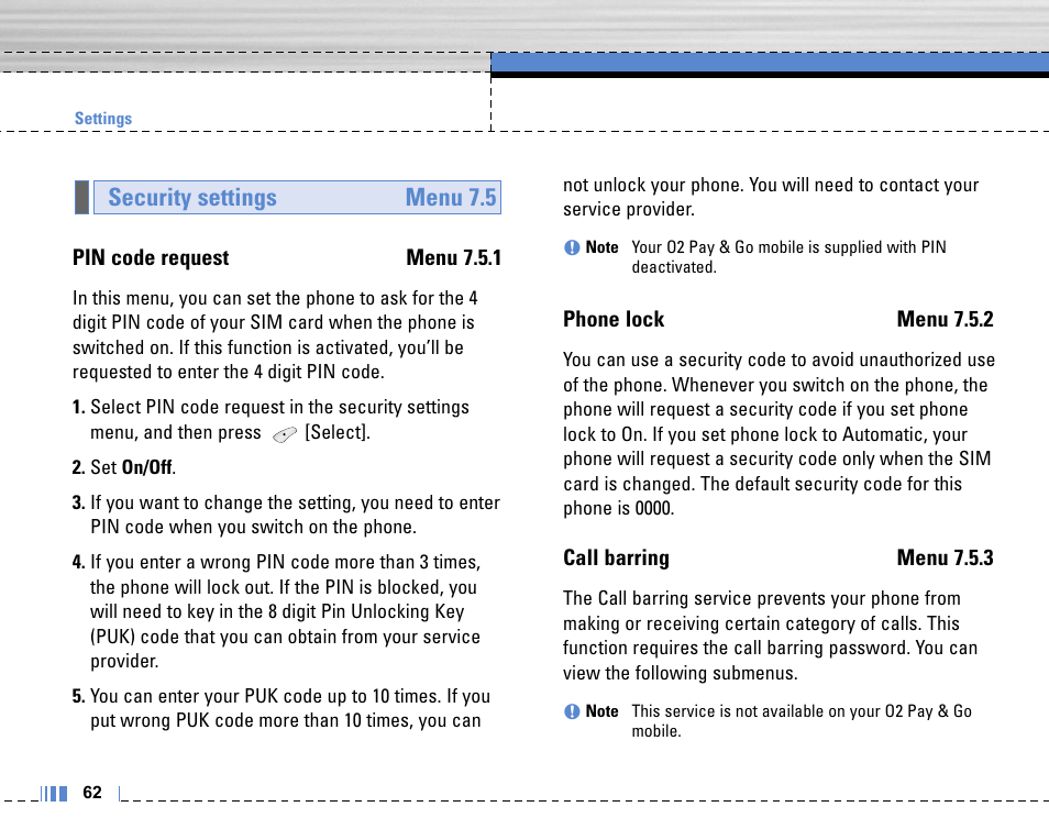 Security settings menu 7.5 | LG C3320 User Manual | Page 63 / 76
