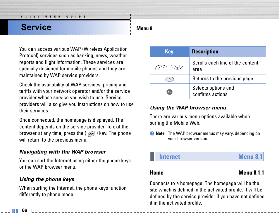 Service, Internet menu 8.1, Home menu 8.1.1 | Key description | LG C3320 User Manual | Page 67 / 76