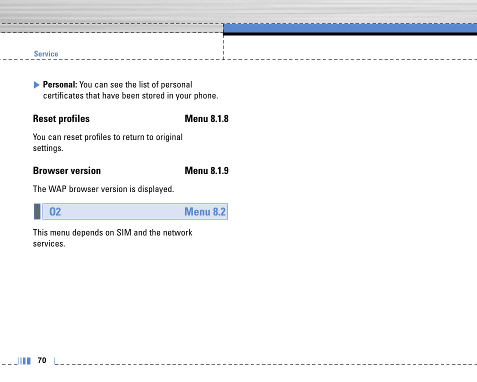 O2 menu 8.2 | LG C3320 User Manual | Page 71 / 76