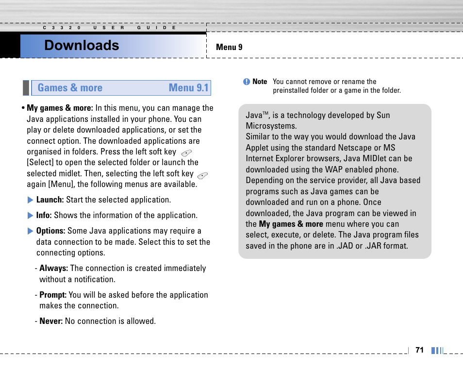Downloads, Games & more menu 9.1 | LG C3320 User Manual | Page 72 / 76