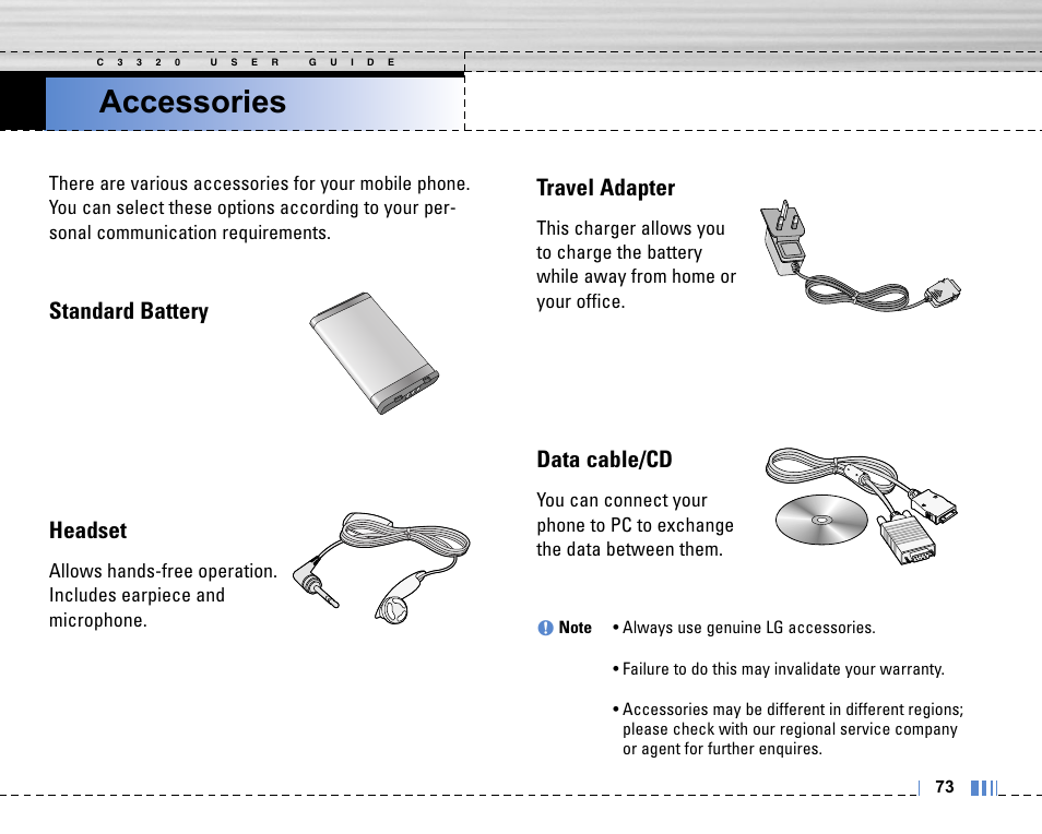 Accessories, Standard battery headset, Travel adapter | Data cable/cd | LG C3320 User Manual | Page 74 / 76