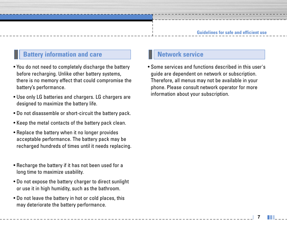 Network service battery information and care | LG C3320 User Manual | Page 8 / 76